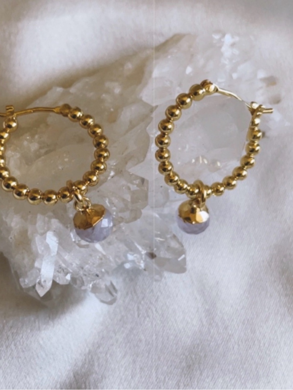 NWOT Gold Beaded Hoop Earrings with Lavender Accent Charm